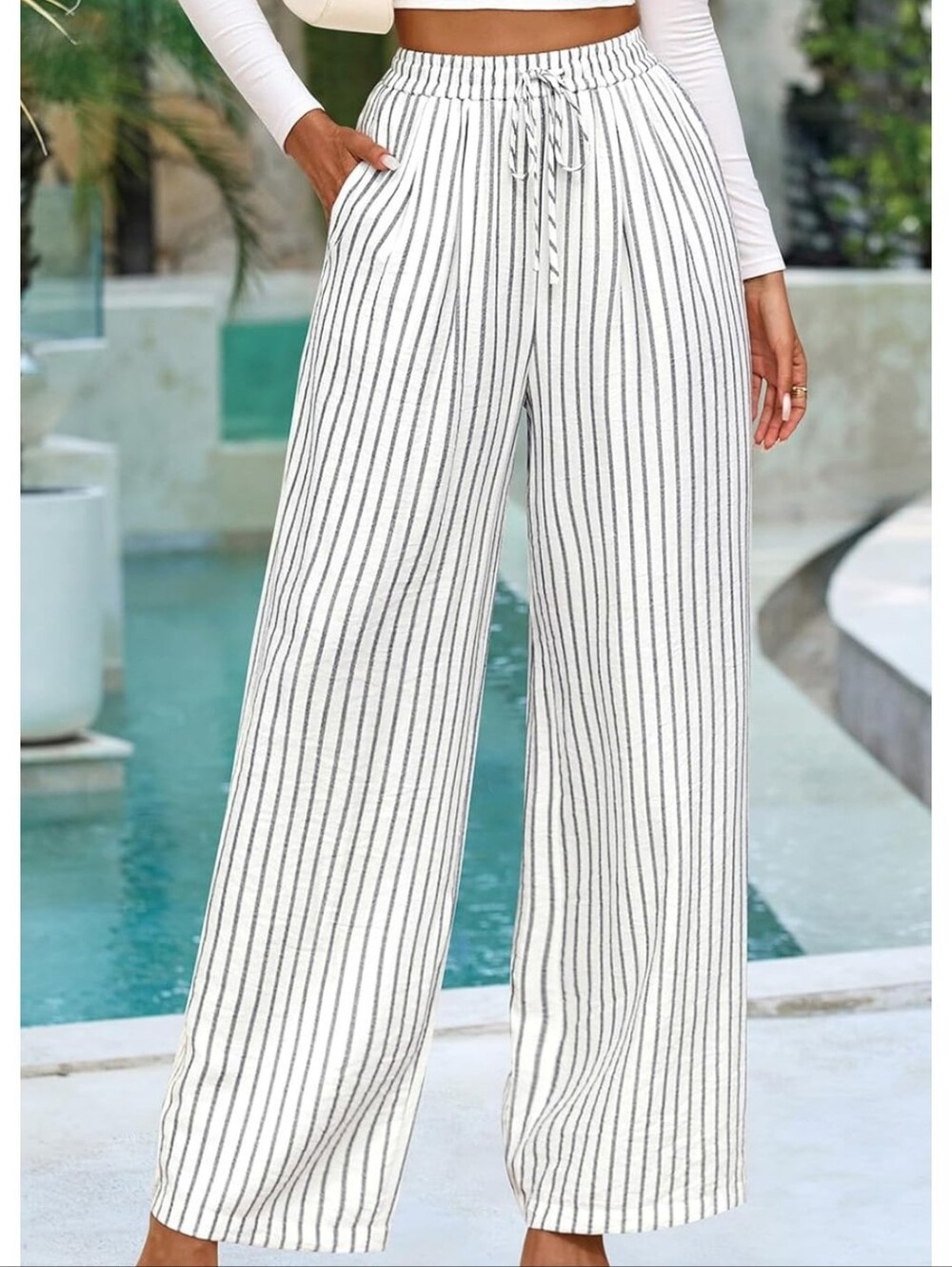 Striped Wide-Leg Drawstring Pants - White/Black
